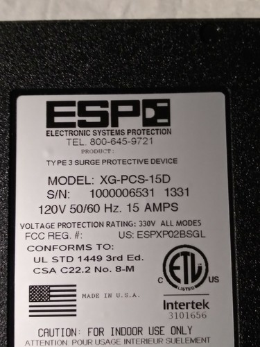 RICOH ESP Next Gen PCS 120V 15A XG-PCS-15D AC Power Surge Protector Type 3