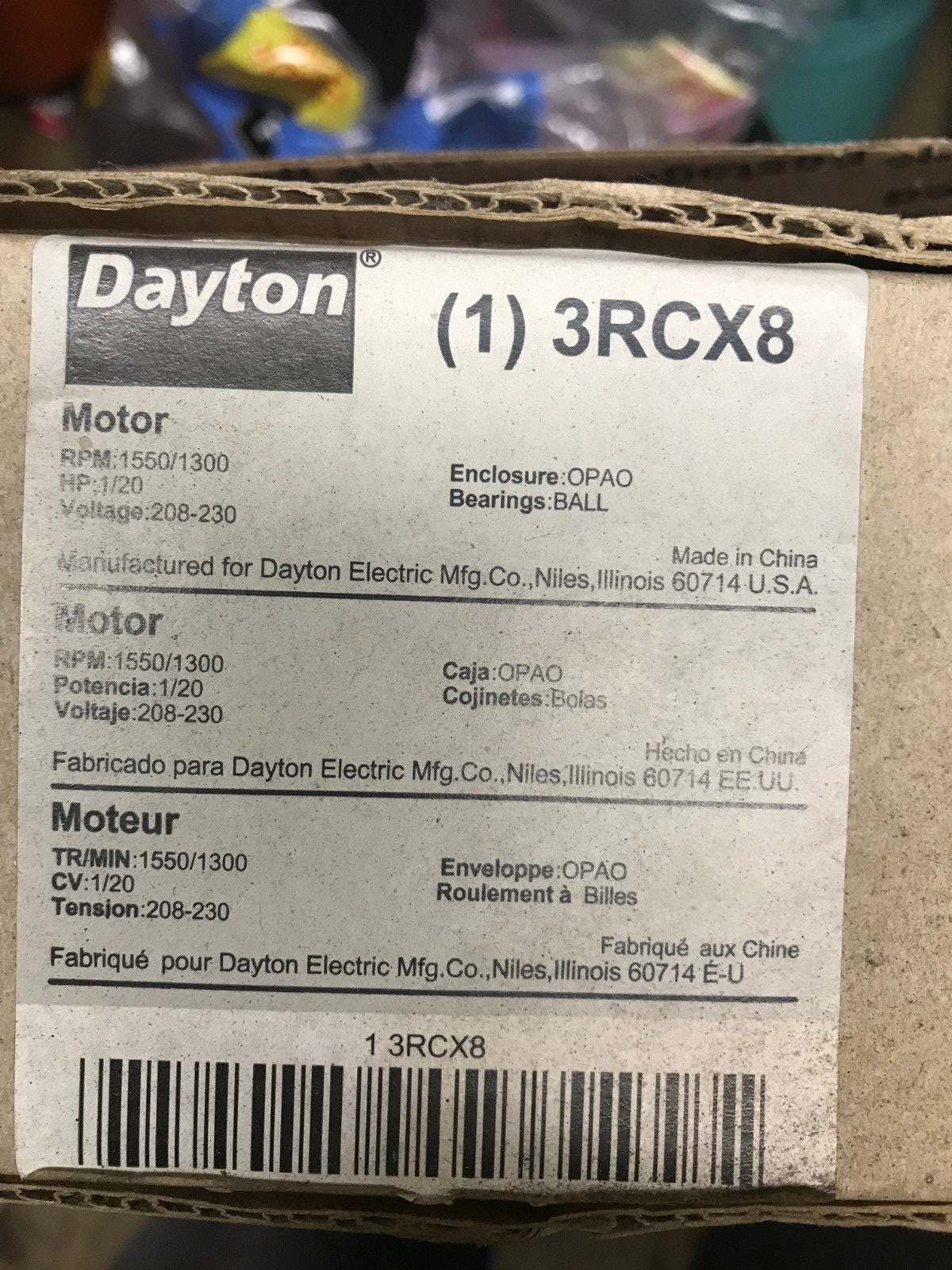 DAYTON HVAC Motor,1/20 HP,1550 rpm,208-230V,3.3, 3RCX8