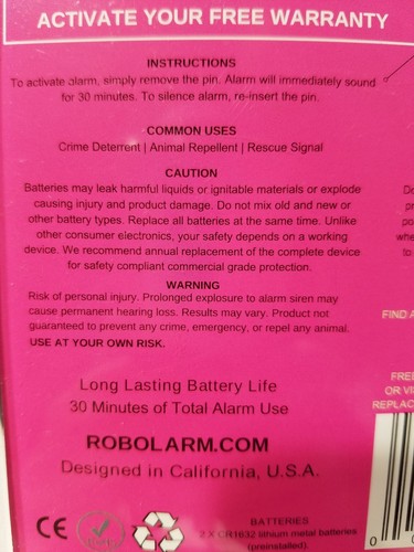 ROBOCOPP SOS Ealarm Personal Alarm Original Sound Grenade pull-pin  BASU Purple