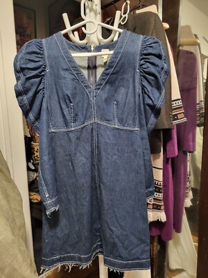 Rebecca Taylor La Vie Denim Puff Sleeve & Deep V Neck Sheath Dress XS