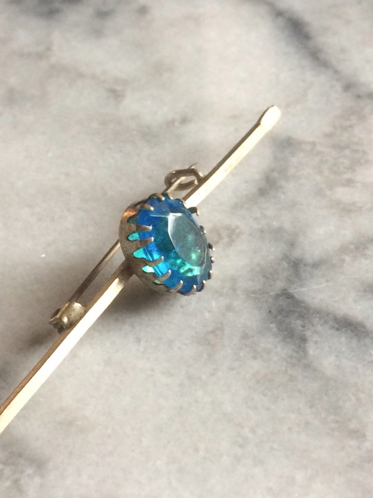 Antique Victorian Silver Oval Cut Blue Tourmaline Brooch C Hook OLD Bar Pin