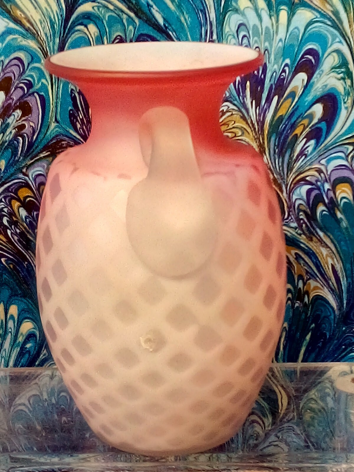 Pink Satin Glass Diamond Quilted Vase Blown Glass Handles SIGNED Antique 5