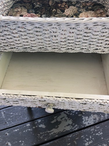 Mid Century White Wicker Cottage Table Wood Drawer Or Sewing Stand W/Flip Top