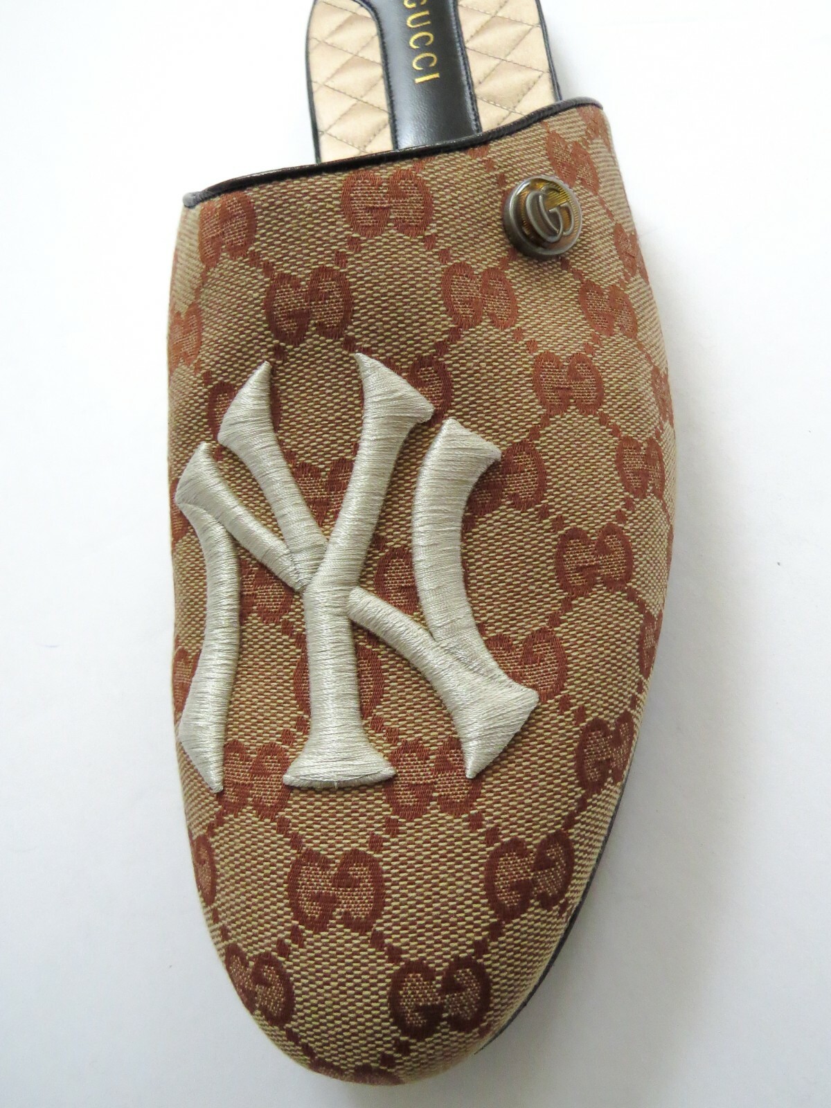 Pre-owned Gucci Gg Monogram York Yankees Slides Slipper Shoes 11.5 Us 44.5 Eu 10.5 Uk In Brown