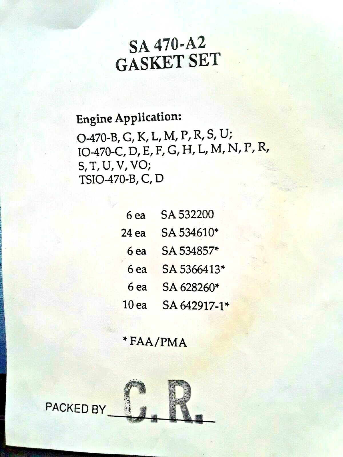 Single Cylinder Gasket Kit, P/N SA 470-A2, NOS