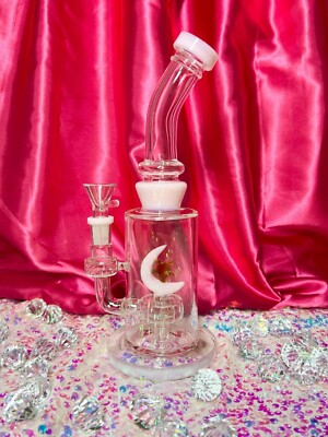 Pink Crescent Moon & Star 8in Glass Water Pipe Hookah Glass Pink Bong Cute Bong