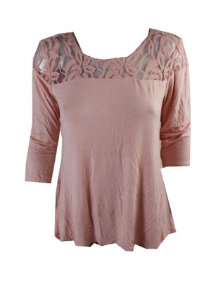 

NY COLLECTION Женская розовая футболка с вышивкой и рукавом 3/4 с иллюзионным вырезом, Розовый