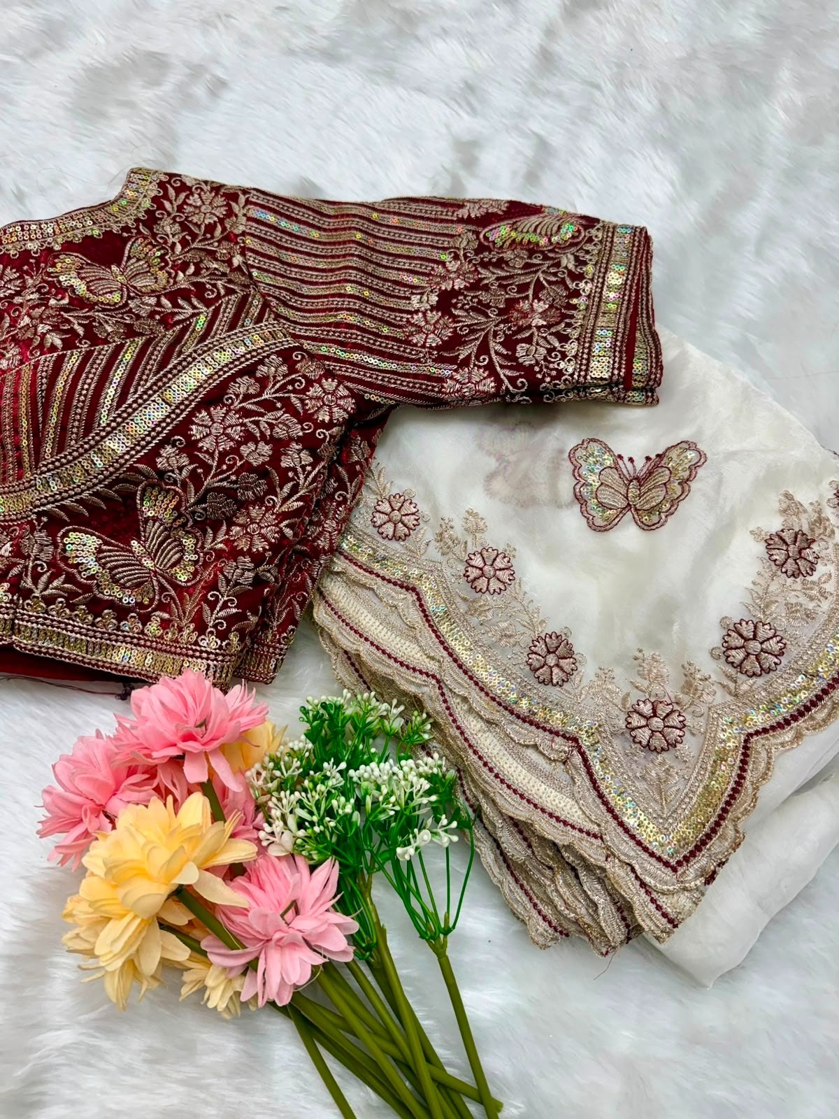 Women Luxury Fendy Satin Saree Heavy Sequin Border Embroidery Blouse