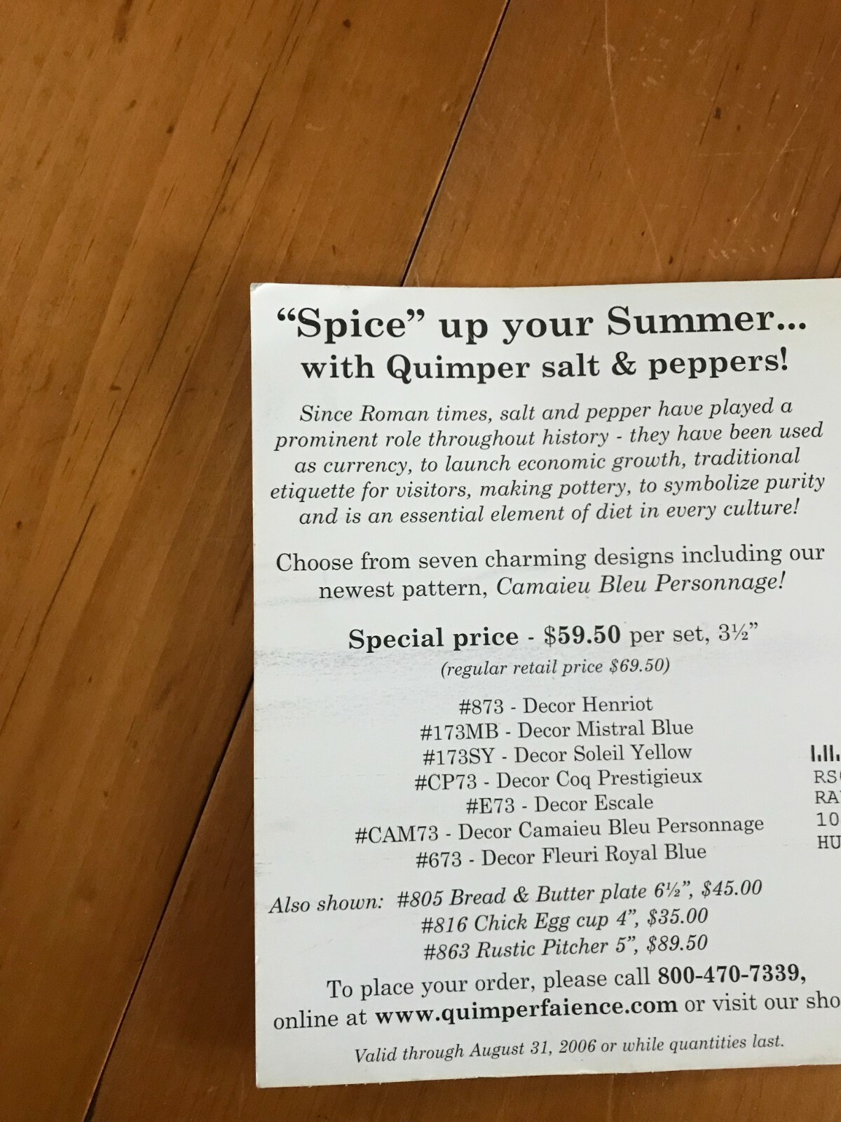 French Quimper faince advertising postcard-salt & pepper-2006 Stonington, Ct.