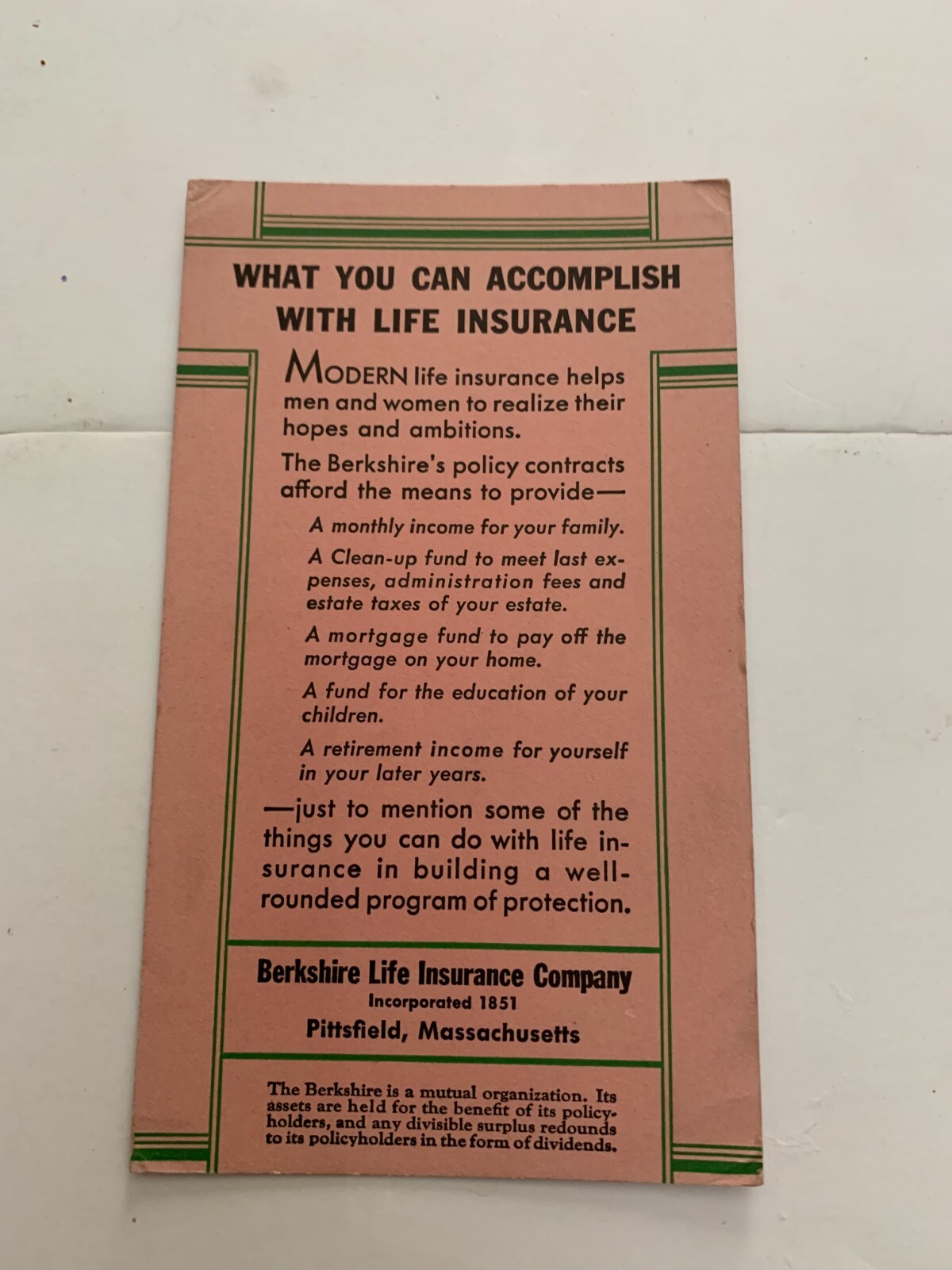 Vintage Berkshire Life Insurance Company Pittsfield Massachusetts 