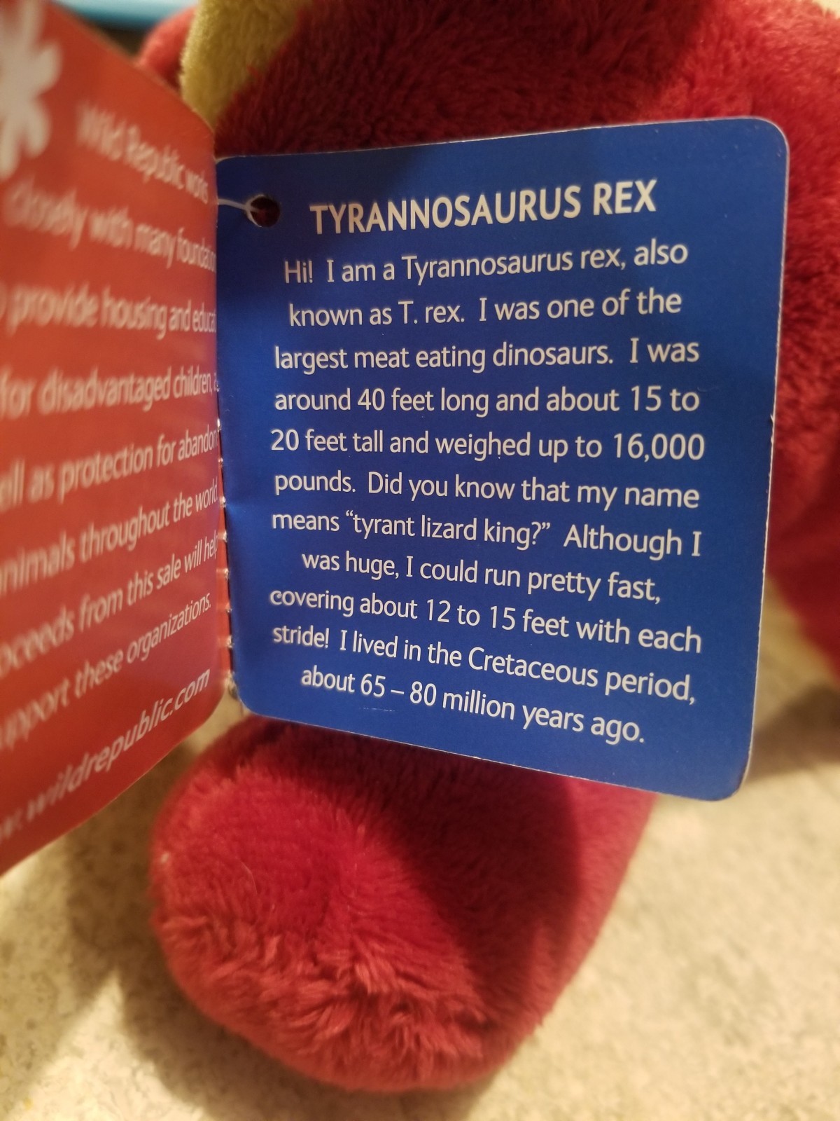 Wild Republic Red Tyrannosaurus Rex Plush finger puppet