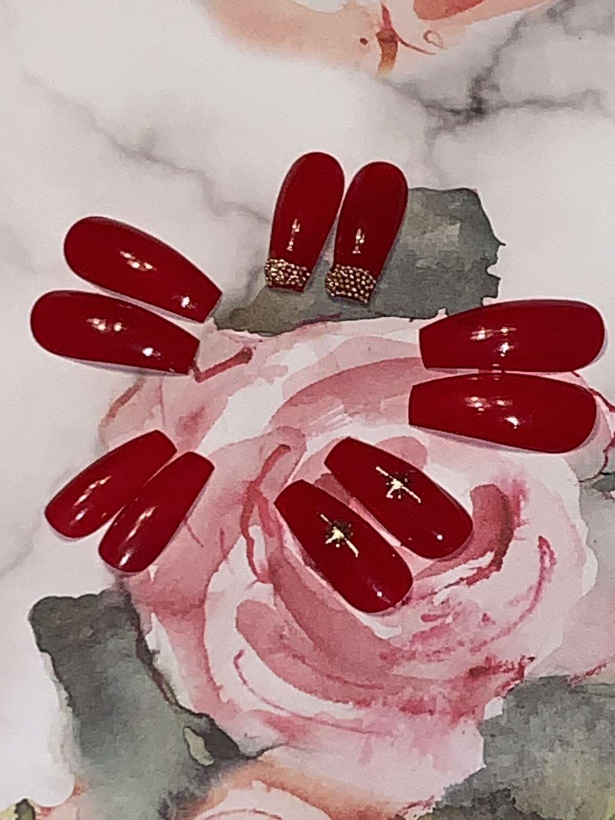 Custom Medium Ballerina Press On Nail Set Ulta Frida Kahlo Romance w/Gold Detail
