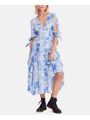 

Женское синее платье макси с короткими рукавами и V-образным вырезом FREE PEOPLE, Синий