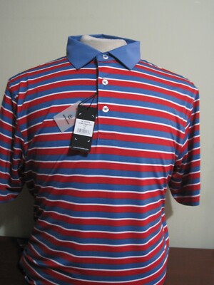 Straight Down Doheny Mens Blue Red multi stripe Medium Golf Polo Shirt NEW NWT