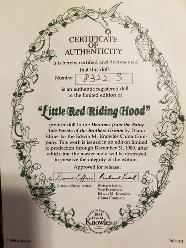 Knowles Doll Heroines of Forest Fairy Tale Series LITTLE RED RIDING HOOD COA #CD