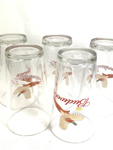 5 Vintage Budweiser Ring Neck Pheasant Clear Tumblers Hunting Bar Ware Glasses