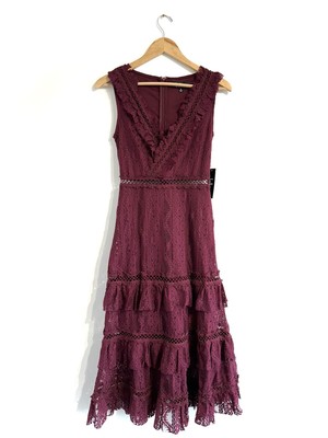 Lulus Brynn Burgundy Lace Ruffled Midi Dress Sz S sleeveless tiered v-neck