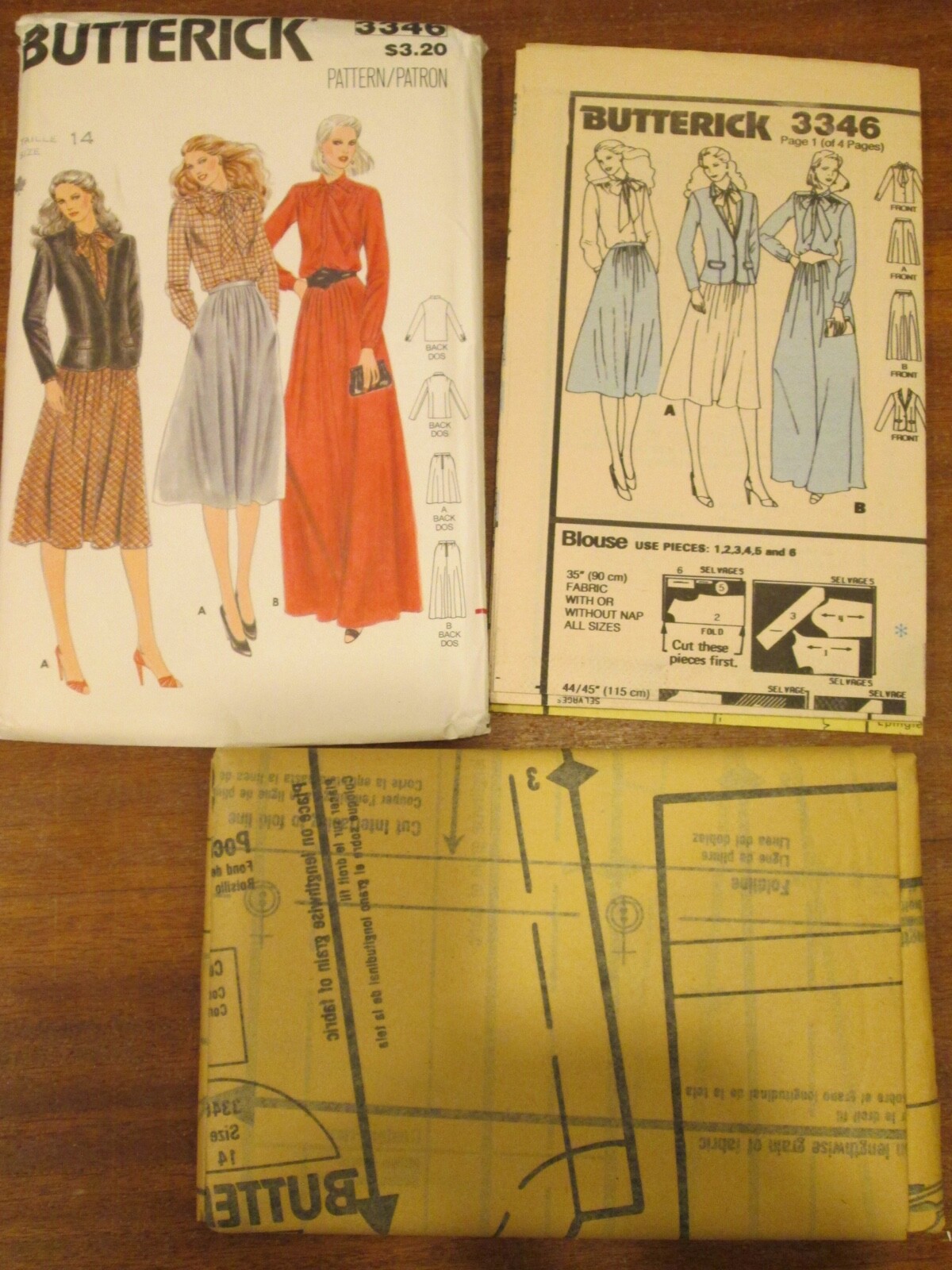 UNCUT Butterick 3346 VTG Sewing Pattern Prissy Tie Bow Neck Blouse Skirt Jacket