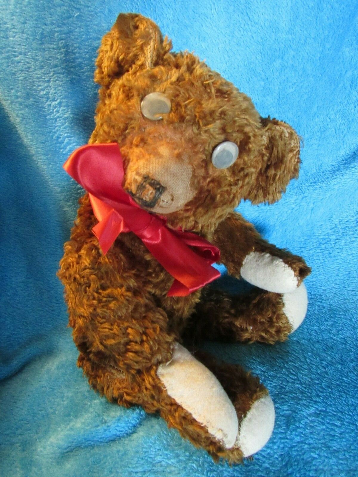 ANTIQUE VINTAGE TEDDY BEAR RED BR SILK PLUSH GOOGLIE EYES
