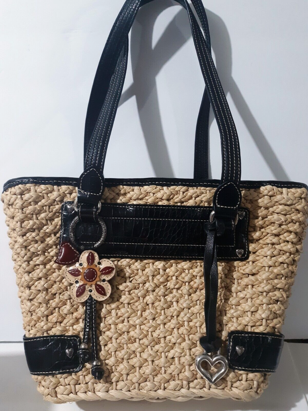 Brighten Designer Woven Straw Cody Handbag Black Leather/Silver Tone Accents
