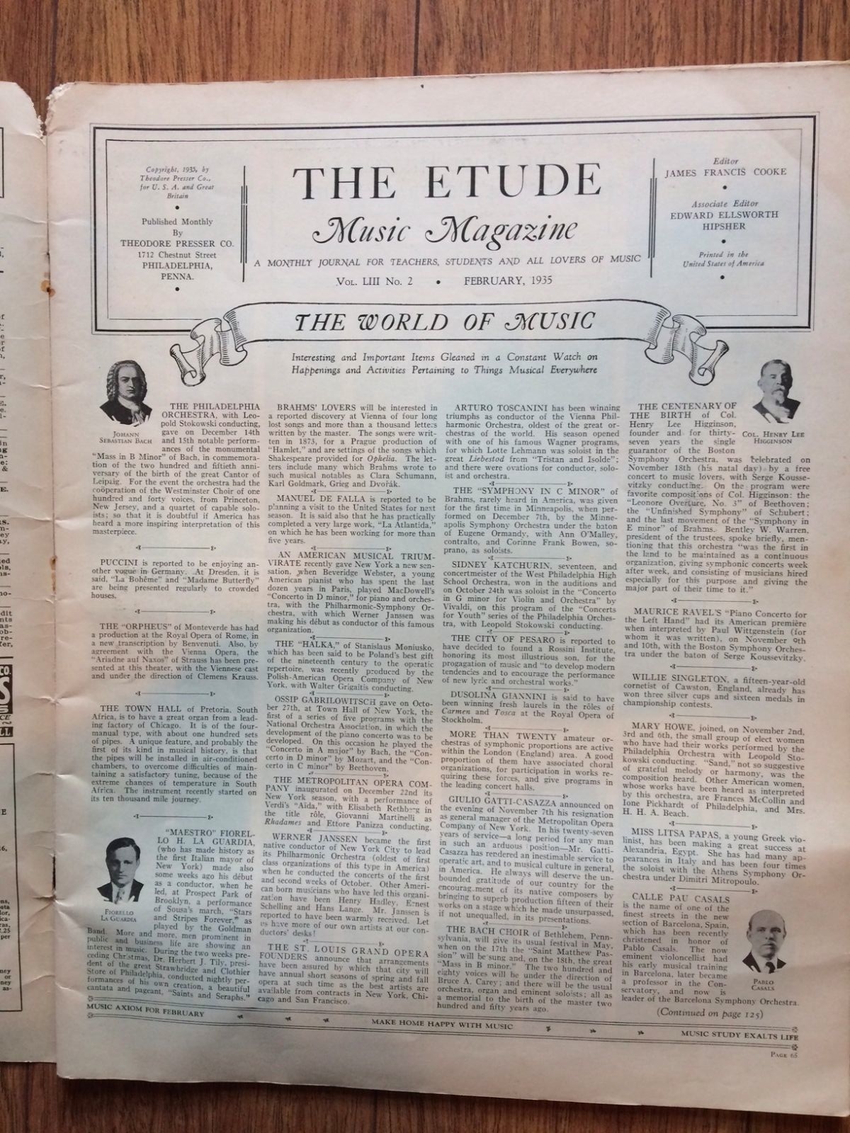 The Etude Music Magazine Vintage Feb1935 Original Complete Verdi Portrait Large