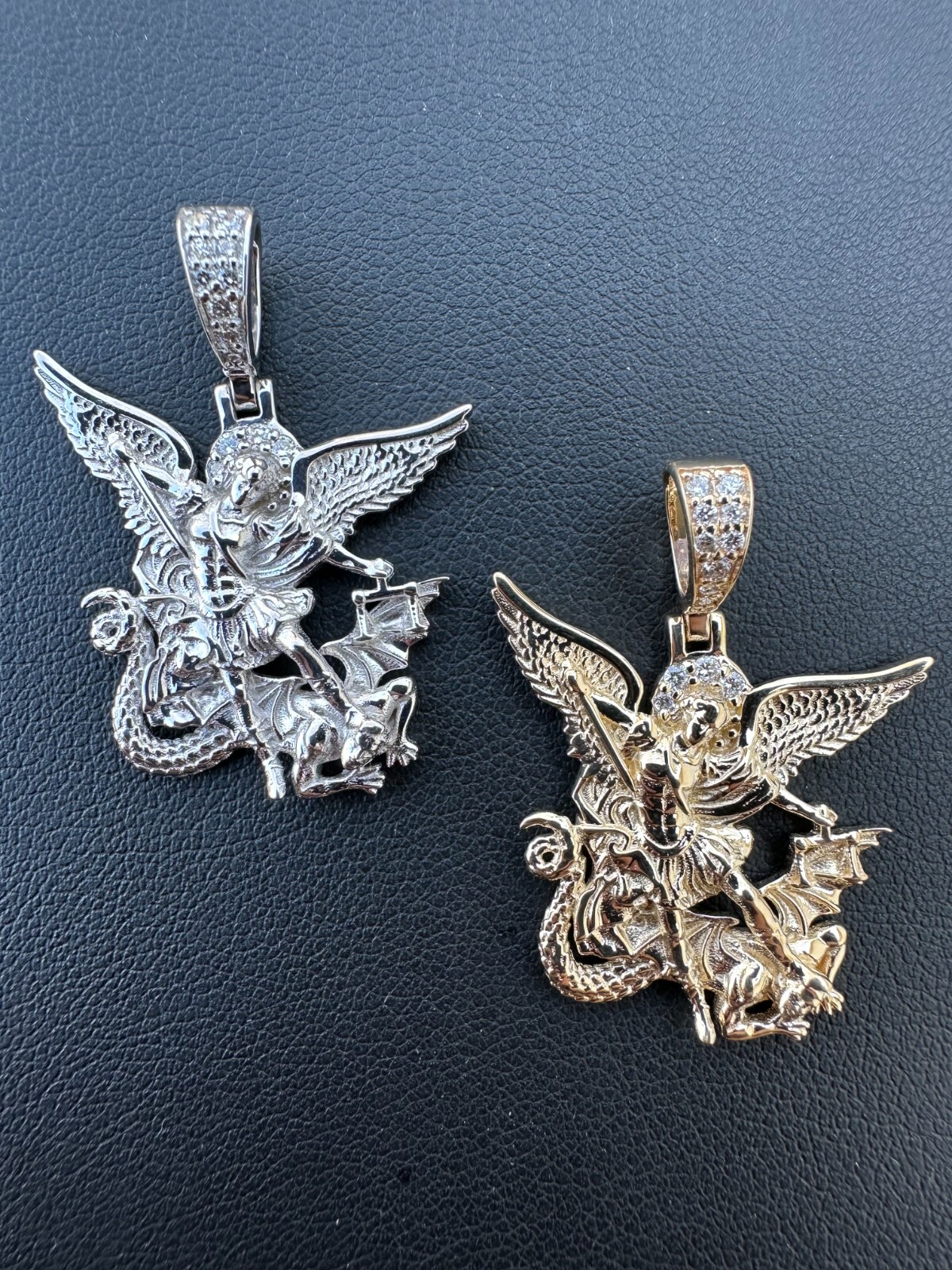 Pre-owned Hip Hop Real Diamond Saint Michael Archangel Pendant Solid 14k Gold Necklace Pendant In White