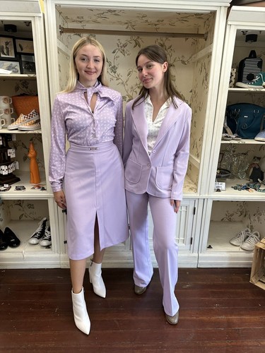 Vintage 70s Lavender Poly 5 Piece Flared Pant Suit S