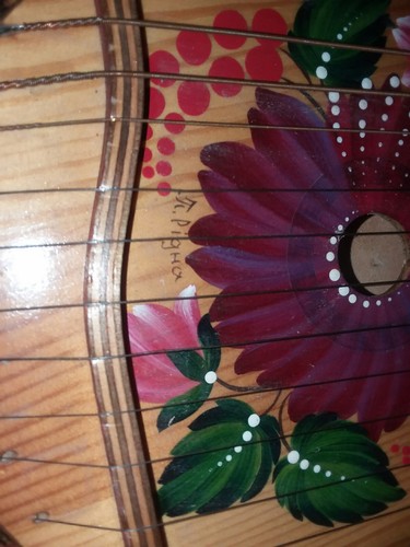 Vintage Russian Ethnic Musical 11 String Wood  instrument  signed painted NICE