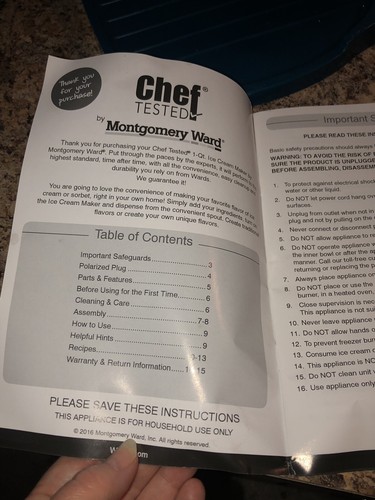 Chef Tested Monthomery Ward 1 Qt Ice Cream Or Yogurt Maker, Electric, Blue