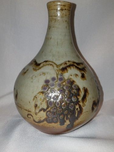 Vase Pottery Grapes Narrow Neck Handcrafted Artist Signed