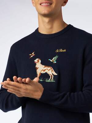 Pre-owned Mc2 Saint Barth Man Crewneck Donegal Sweater With English Pointer Jacquard Print In Blue