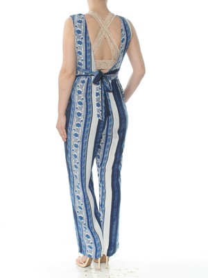 FREE PEOPLE $128 Womens New 1435 Blue Striped Sleeveless V Neck Jumpsuit 6 B+B
