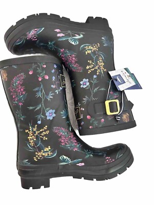 Joules Welly Print Wellington Boot - Black Botanical - Sizes US 6 - NIB