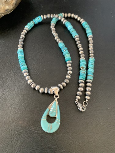 Pre-owned Handmade Womens Blue Turquoise Inlay Pendant Navajo Pearls Sterling Silver Necklace 12501