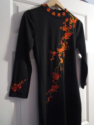 NEW VINTAGE LAKLOOK LIANG YI FANG ORIENTAL BLACK LONG SLEEVE FLORAL DRESS SIZE M