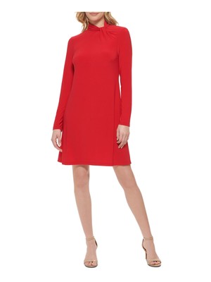 TOMMY HILFIGER Womens Red Mock Twist Neck Long Sleeve Shift Dress 14
