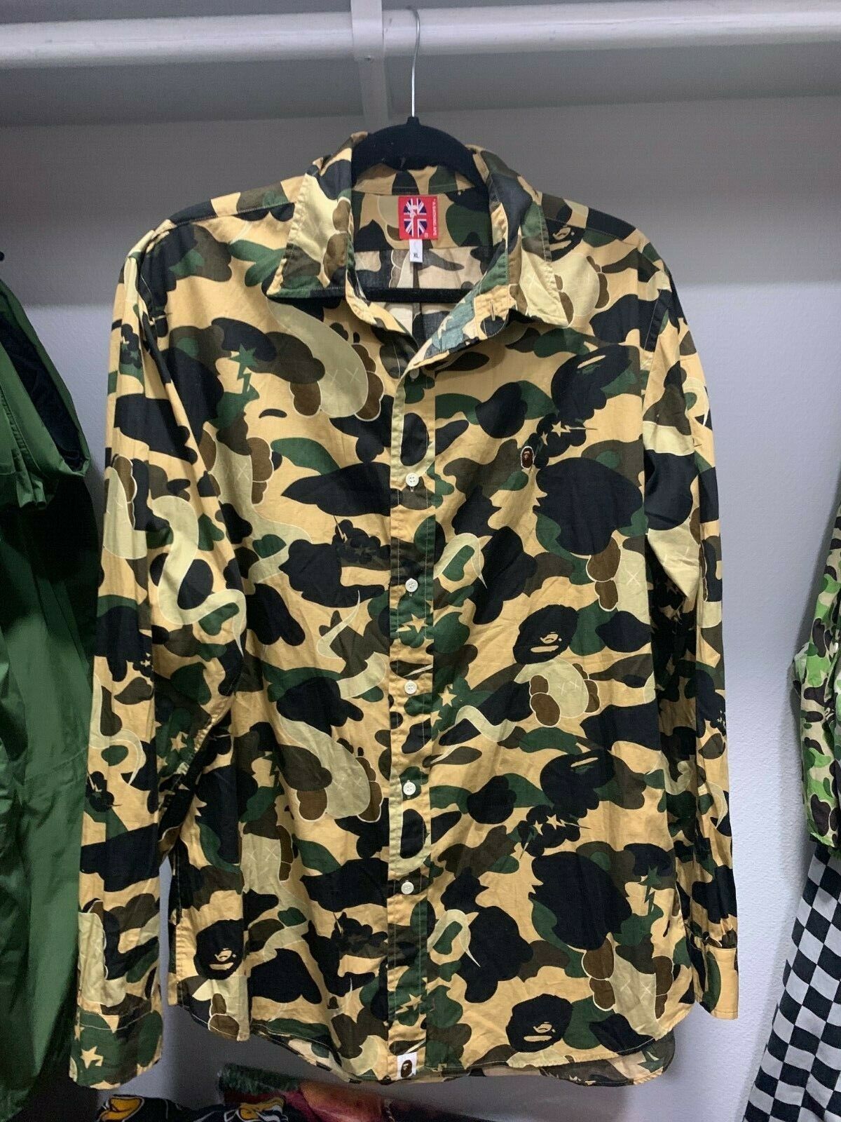 BAPE KAWS CAMO BUTTON UP SHIRT XL 1ST GREEN green brown BAPE KAWS CAMO BUTTON UP SHIRT XL 1ST GREEN green brown