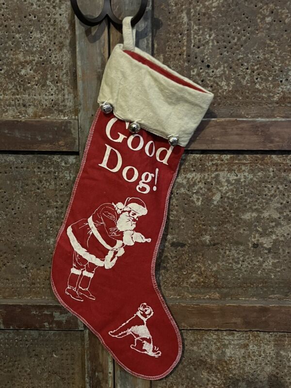 Vintage Style Red Felt Good Dog Merry Christmas stocking Jingle Bells Santa 18"