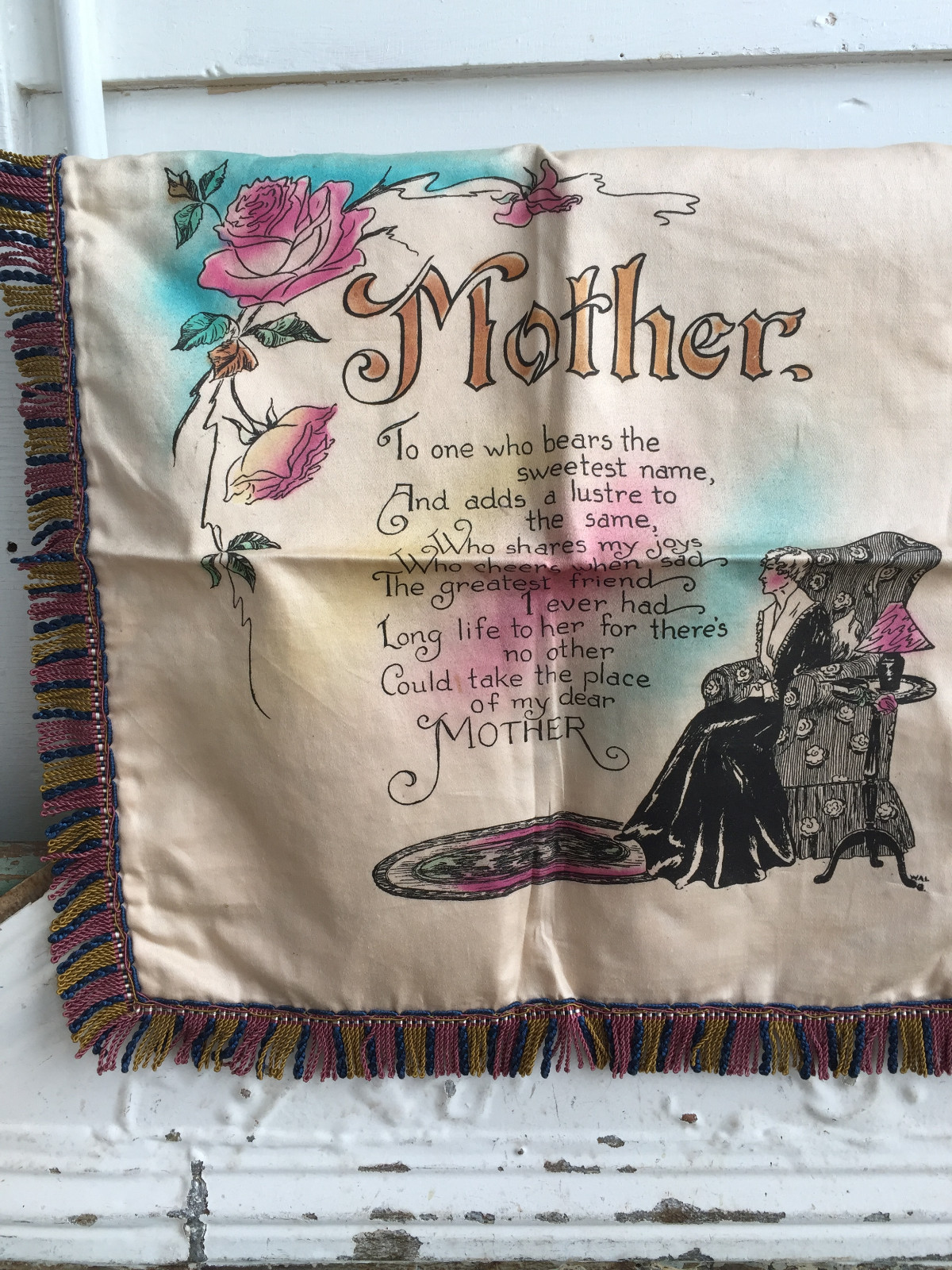 Vintage Pillow Cover Mother Poem With Fringe Original Store Tag Floral Back