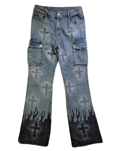 Aw Spiky Head Men L Light Wash Blue Jean Pants Crosses Flame