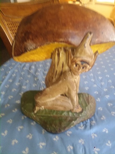 ANTIQUE RARE ALL ORIGINAL ELF UNDER MUSHROOM CAST IRON DOORSTOP MARKED N514E