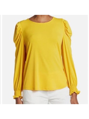 

ADRIANNA PAPELL Женский желтый пуловер с текстурированным рукавом-пуфом и круглым вырезом, топ