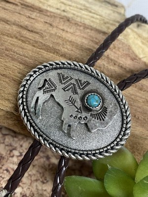 3d Aztec Ranch Wear BUFFALO Brown Leather Bolo Tie Necklace Western Southwest