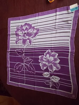 NWT Vintage Old stock Russian Silk Scarf Violet Purple Flower Stripe 28quot Square NWT Vintage Old stock Russian Silk Scarf Violet Purple Flower Stripe 28quot Square