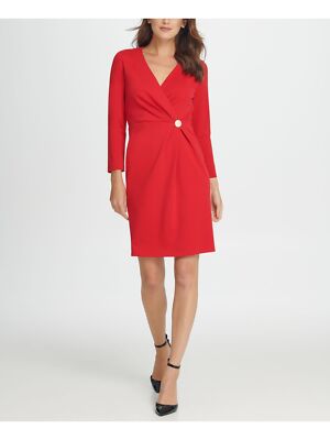 

Красное женское платье DKNY с длинным рукавом и V-образным вырезом выше колена Wear To Work Wrap Dress, Красный
