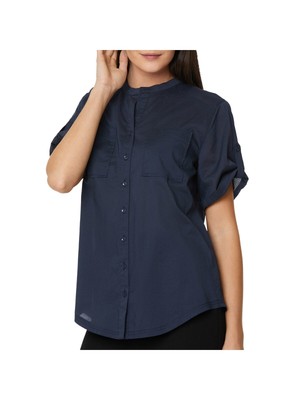 

NYDJ Женская темно-синяя блузка с карманами на пуговицах и изогнутым краем, с закругленными рукавами и разрезом, Navy