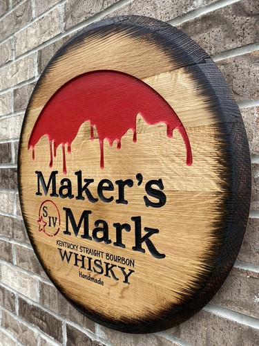 MAKER'S MARK Sign,Carved Drip Bourbon OAK Whiskey Barrel Head Bar Sign