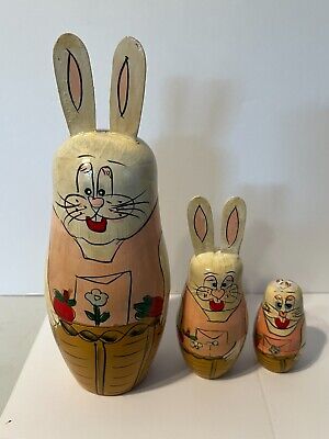 Vintage Babushka stacking nesting rabbits. Set of 3. Easter decoration bunny