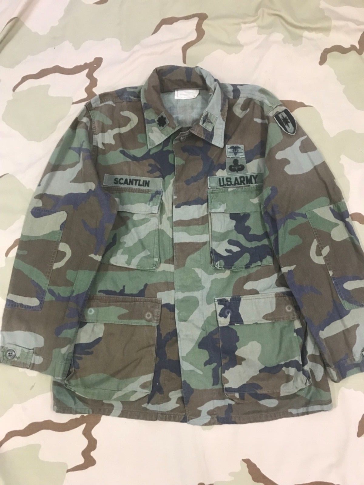 US ARMY COAT USED CAMO BDU SHIRT LT COLONEL MEDIC MASTER