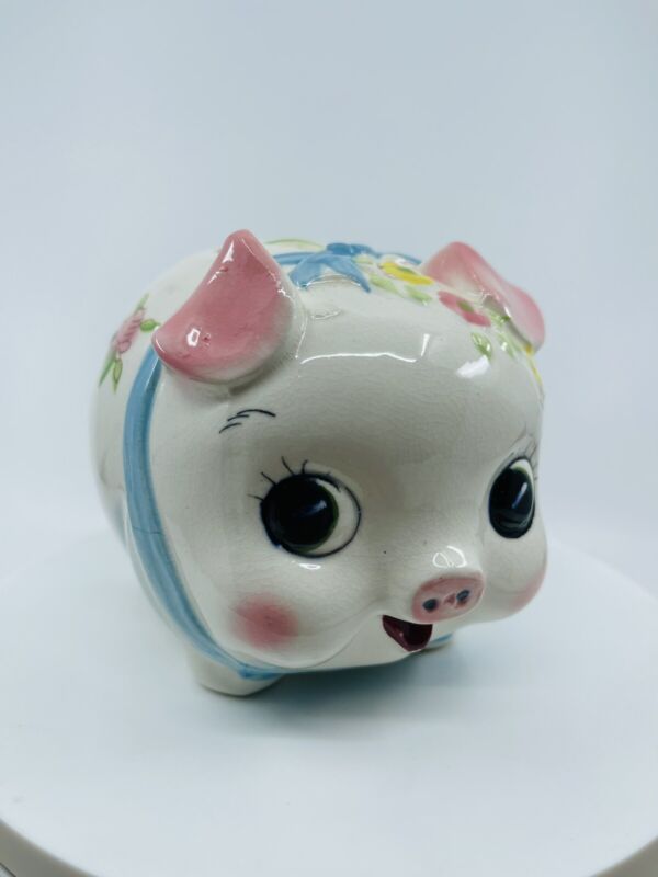 Vintage Anthropomorphic Ceramic Pig Piggy Bank 50s Japan Kitschy Pink Blue